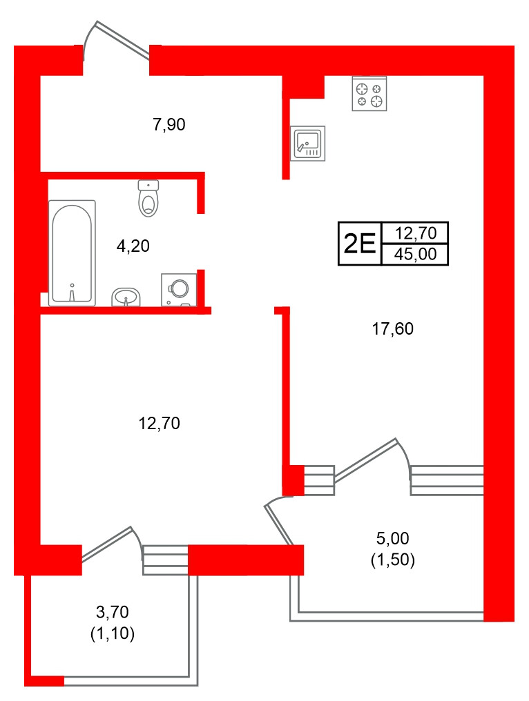 Квартира в ЖК Морена, 1 комнатная, 45 м², 5 этаж