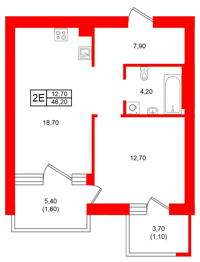 Квартира в ЖК Морена, 1 комнатная, 46.2 м², 5 этаж