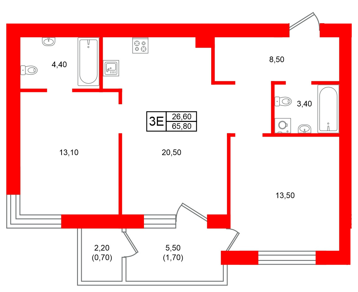 Квартира в ЖК Морена, 2 комнатная, 65.8 м², 4 этаж