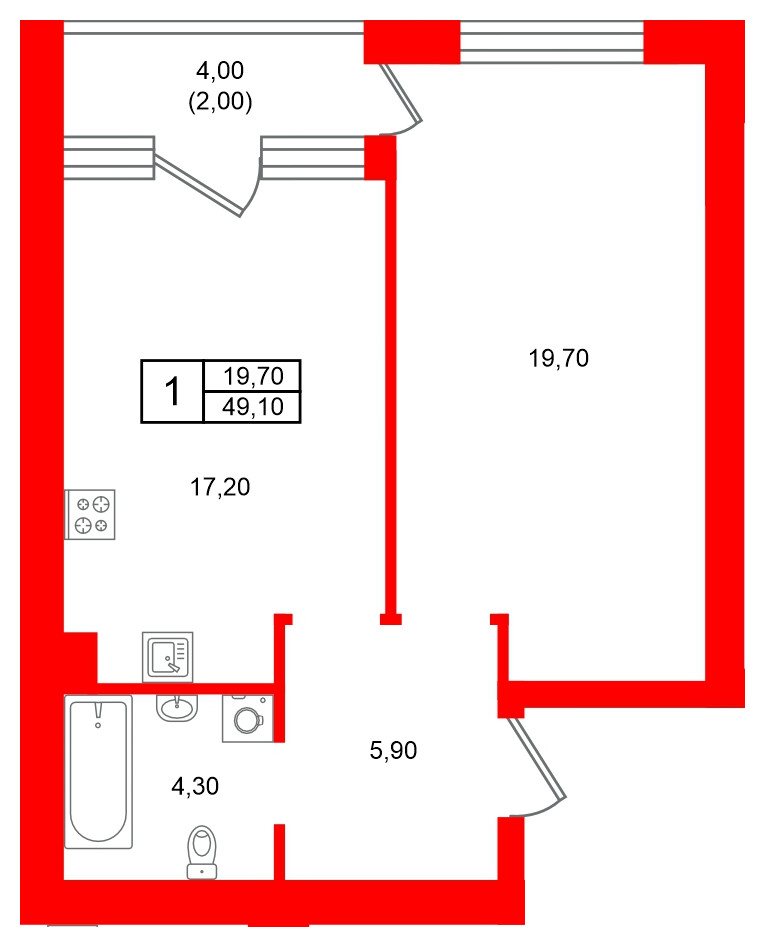 Квартира в ЖК Морена, 1 комнатная, 49.1 м², 3 этаж