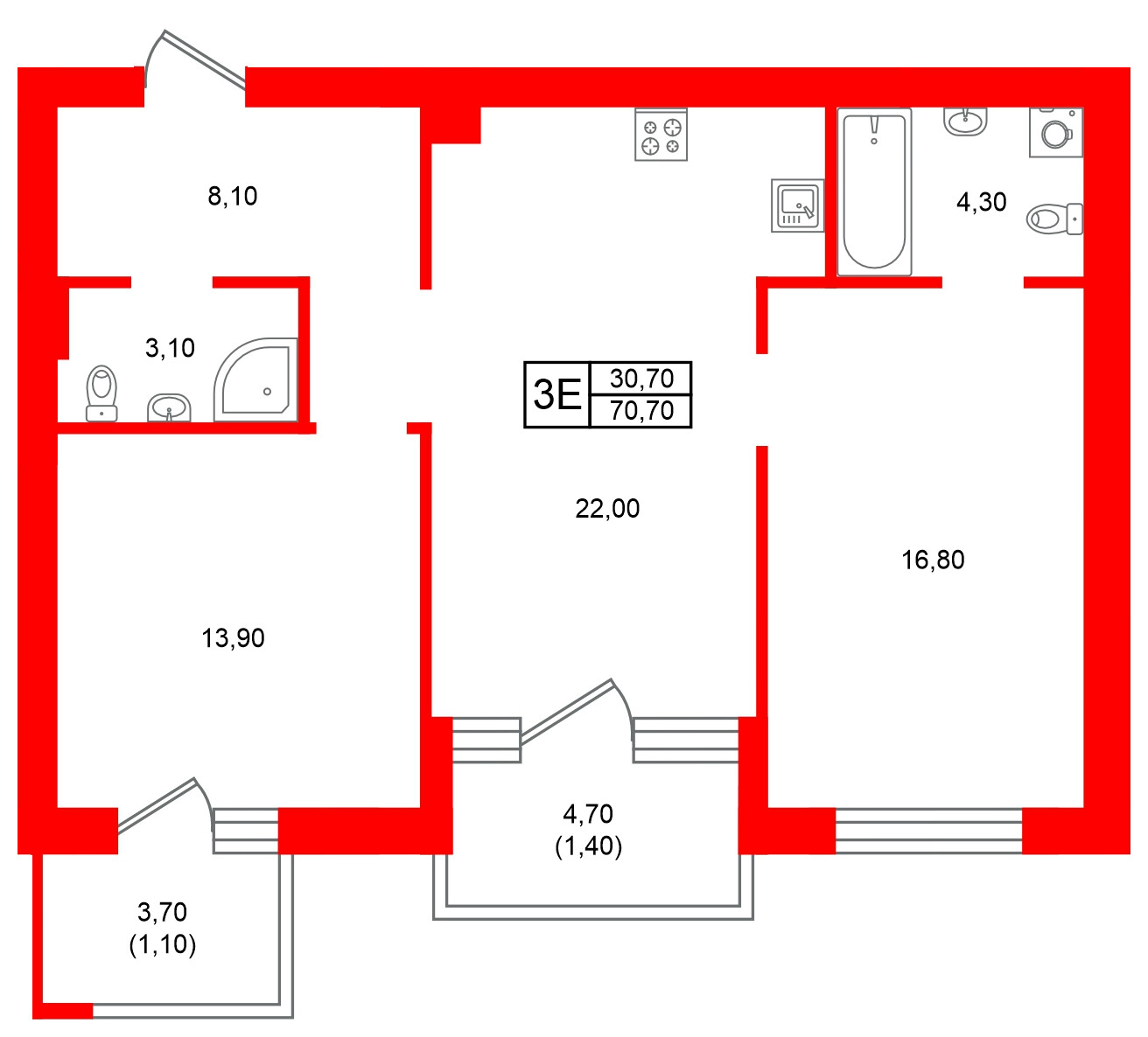 Квартира в ЖК Морена, 2 комнатная, 70.7 м², 1 этаж