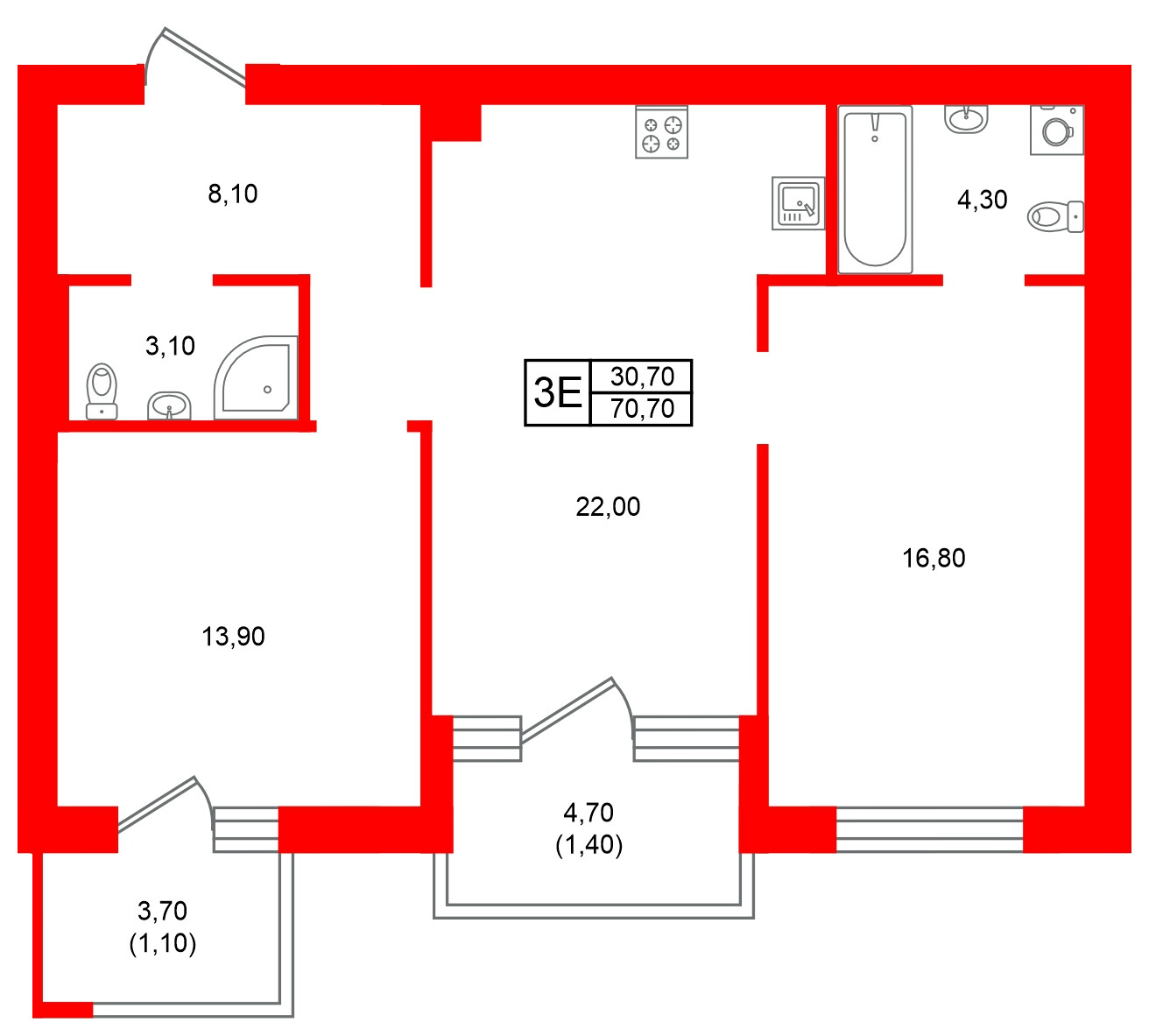 Квартира в ЖК Морена, 2 комнатная, 70.7 м², 4 этаж