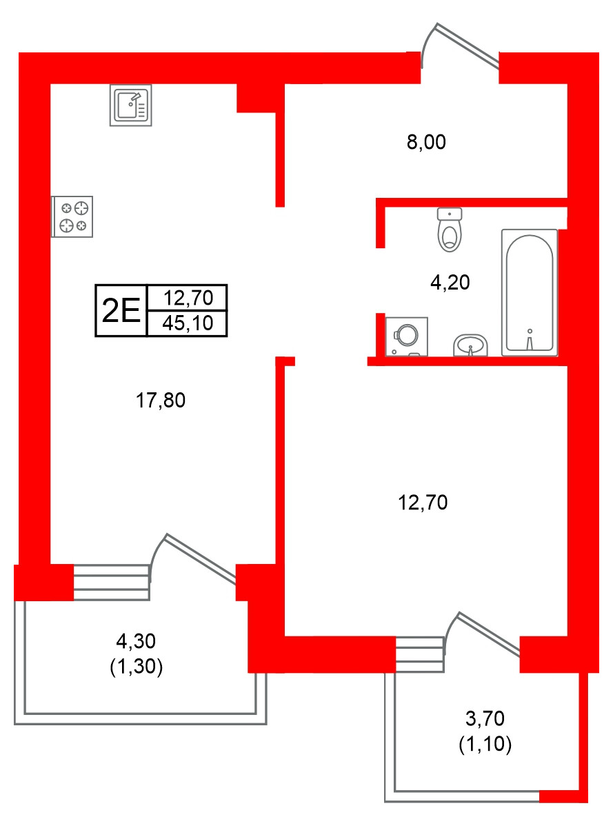 Квартира в ЖК Морена, 1 комнатная, 45.1 м², 5 этаж