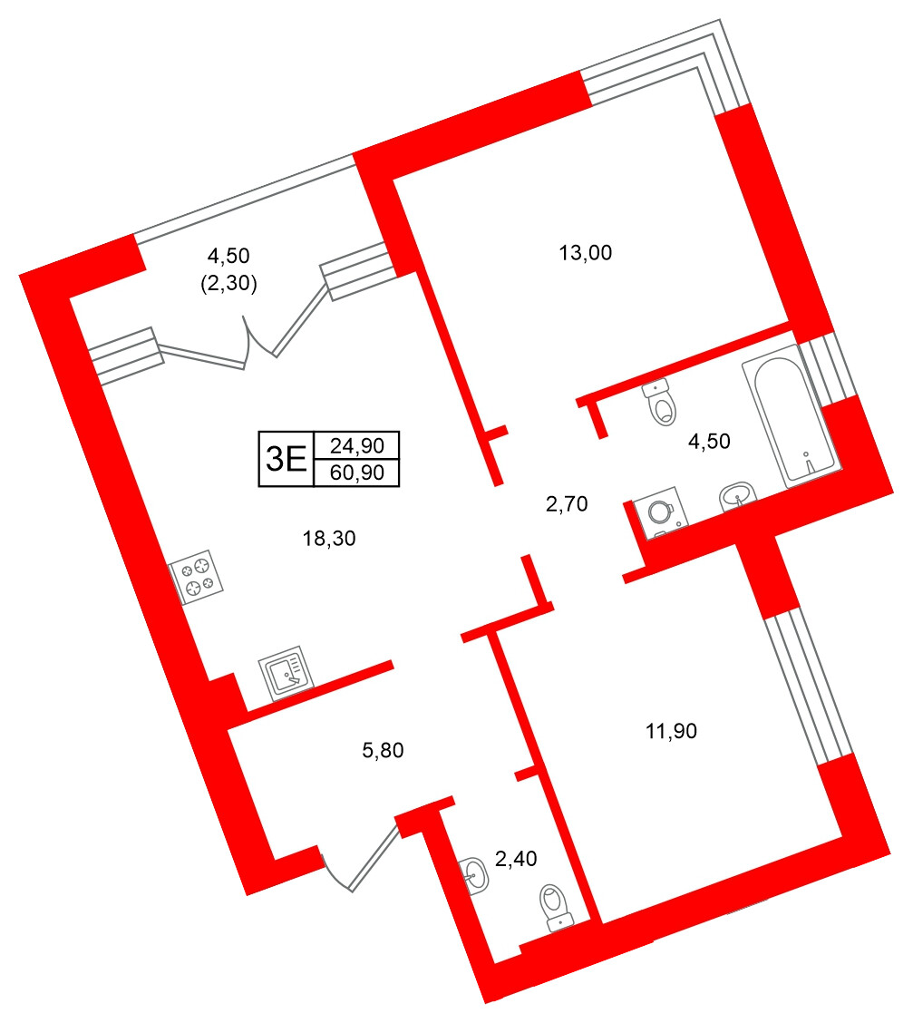 Квартира в ЖК Морена, 2 комнатная, 60.9 м², 2 этаж