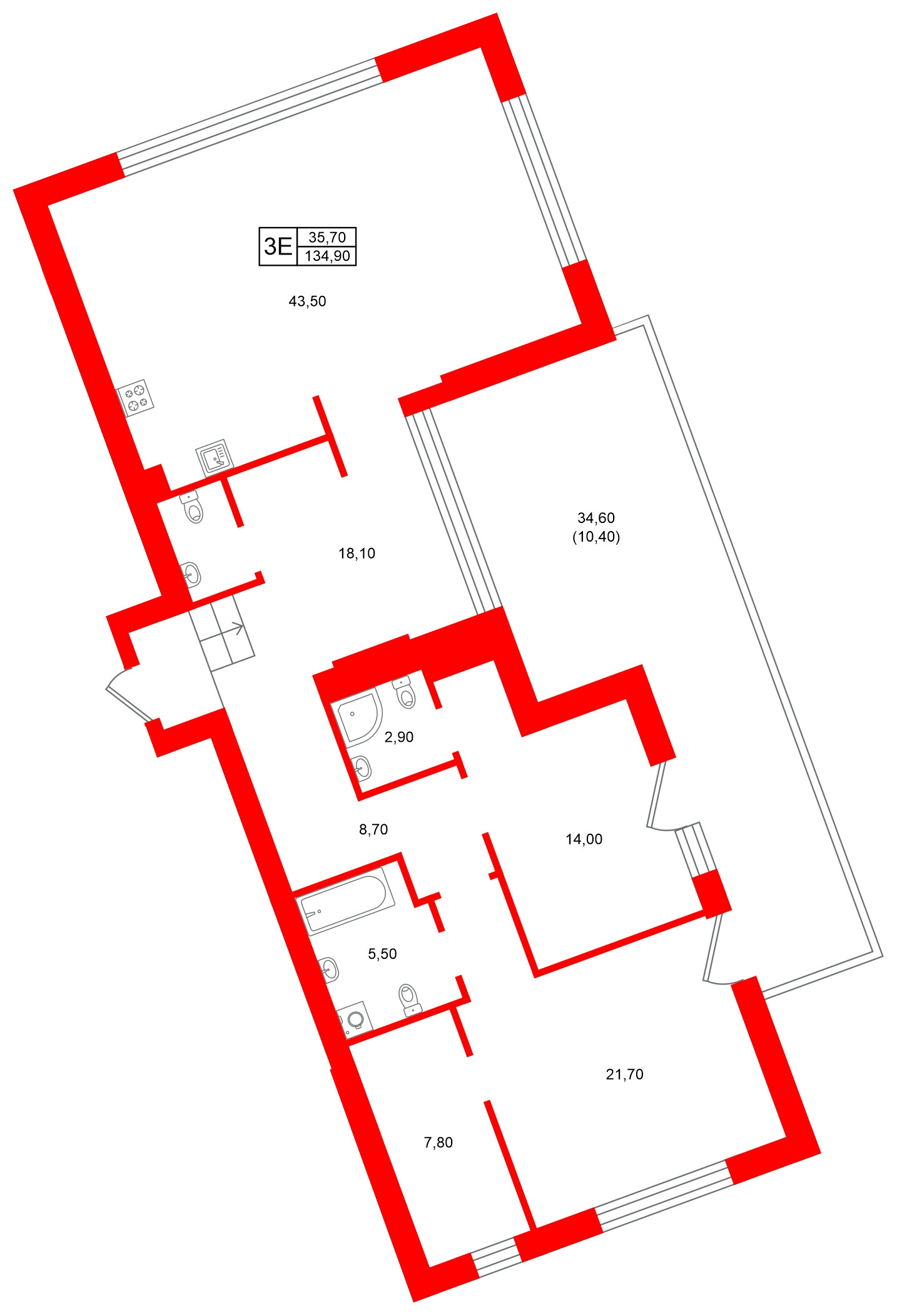Квартира в ЖК Морена, 2 комнатная, 134.9 м², 5 этаж