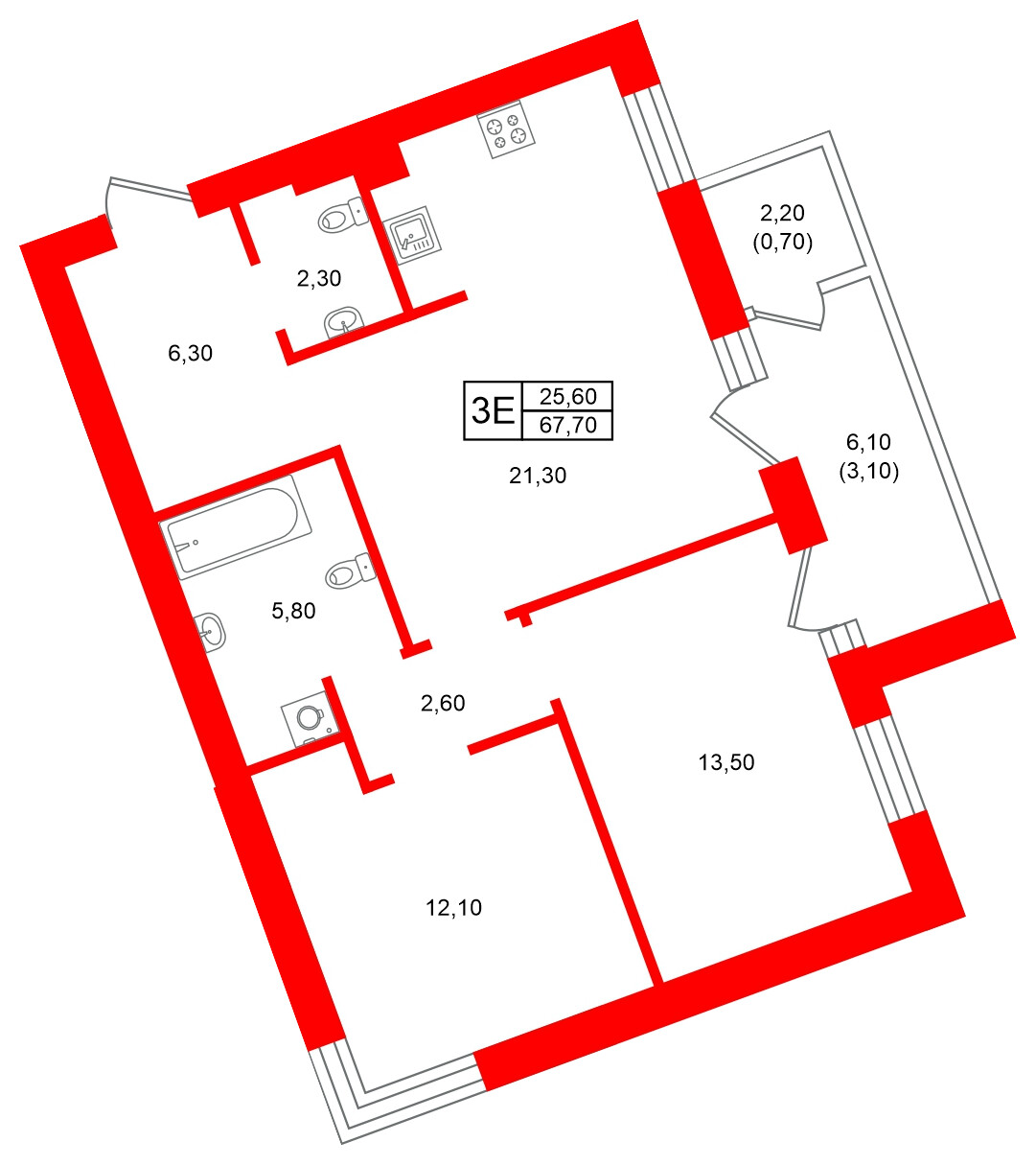 Квартира в ЖК Морена, 2 комнатная, 67.7 м², 1 этаж