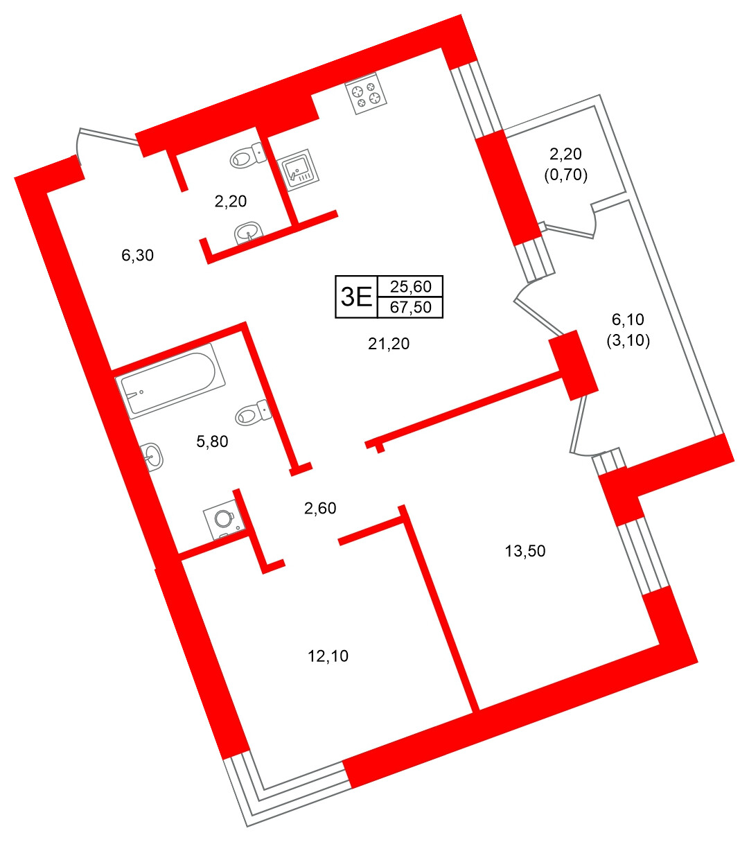 Квартира в ЖК Морена, 2 комнатная, 67.5 м², 3 этаж