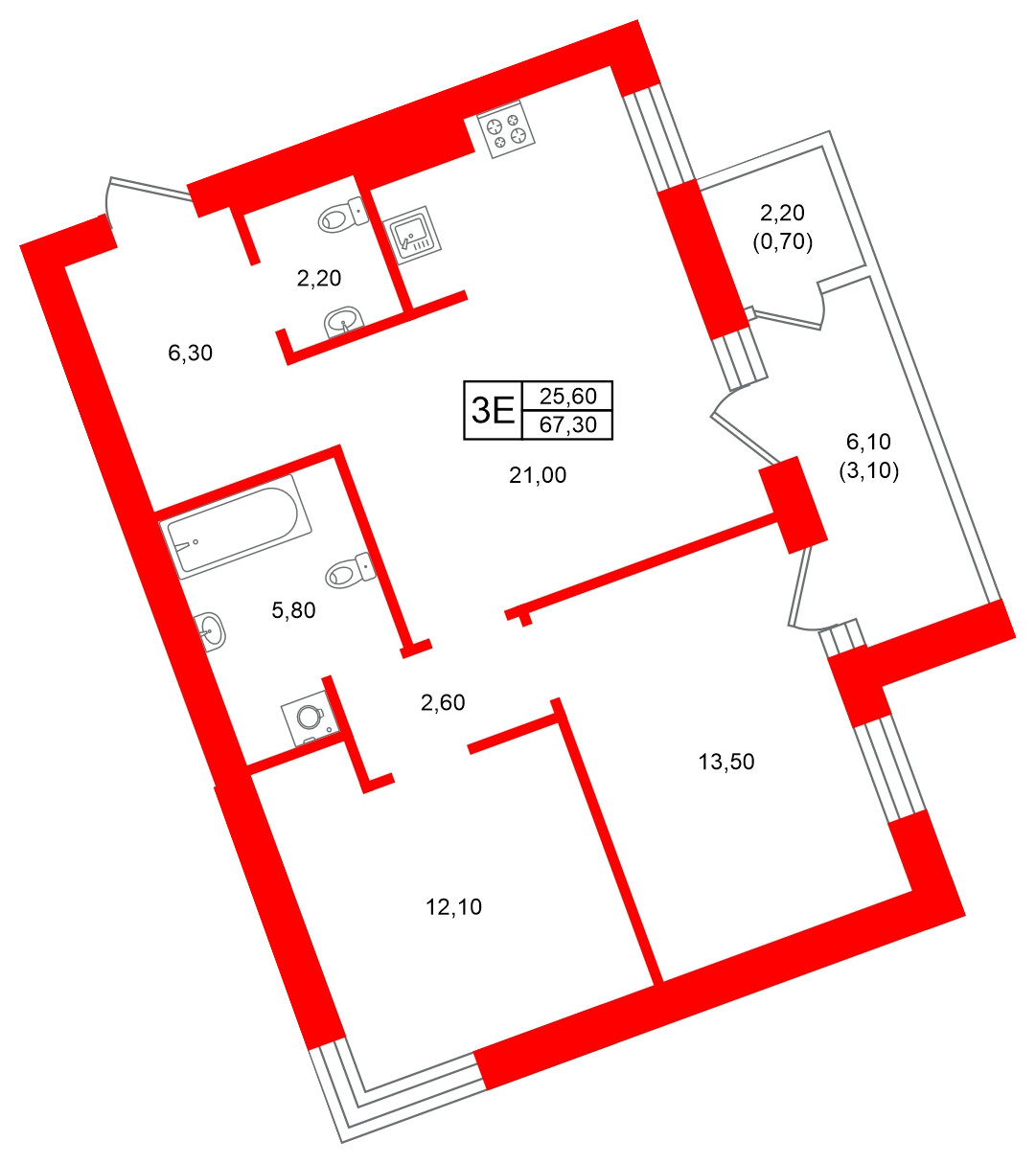 Квартира в ЖК Морена, 2 комнатная, 67.3 м², 4 этаж