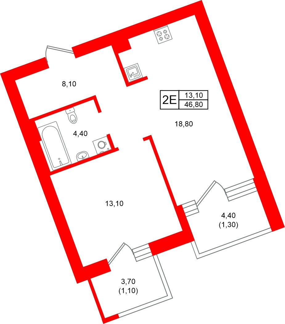 Квартира в ЖК Морена, 1 комнатная, 46.8 м², 1 этаж