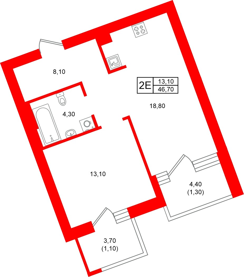 Квартира в ЖК Морена, 1 комнатная, 46.7 м², 3 этаж