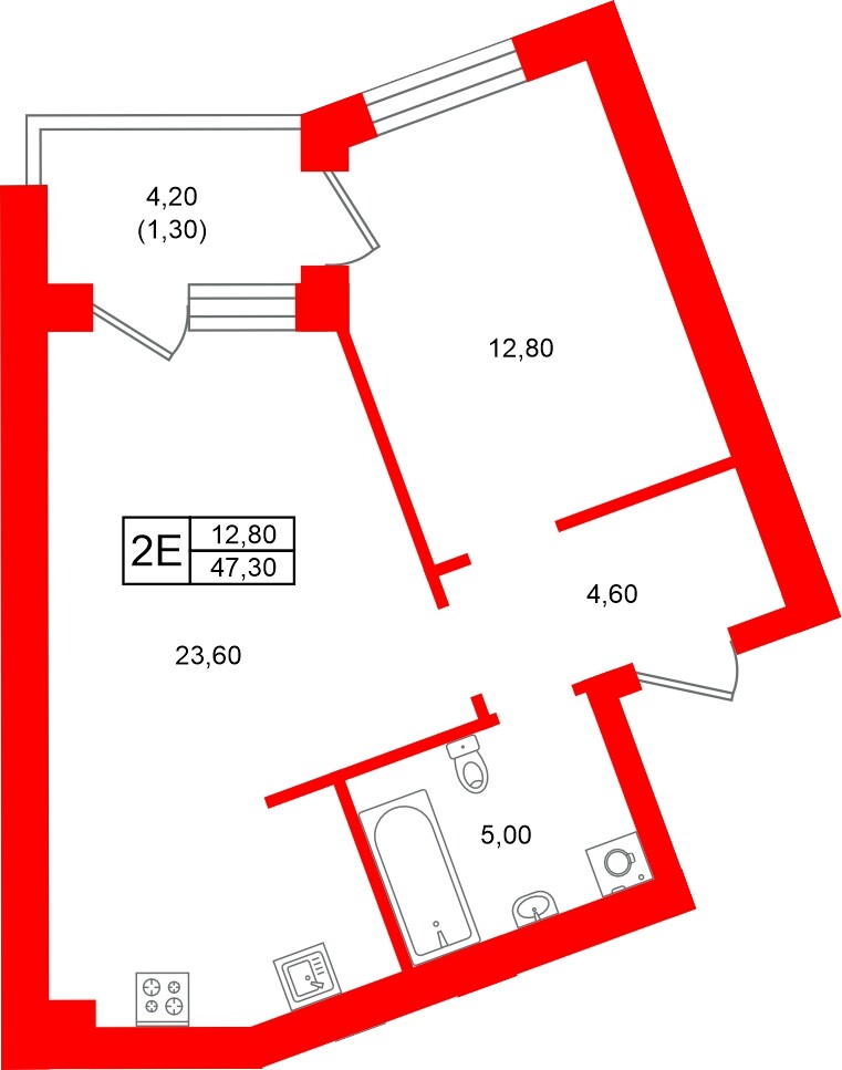 Квартира в ЖК Морена, 1 комнатная, 47.3 м², 2 этаж
