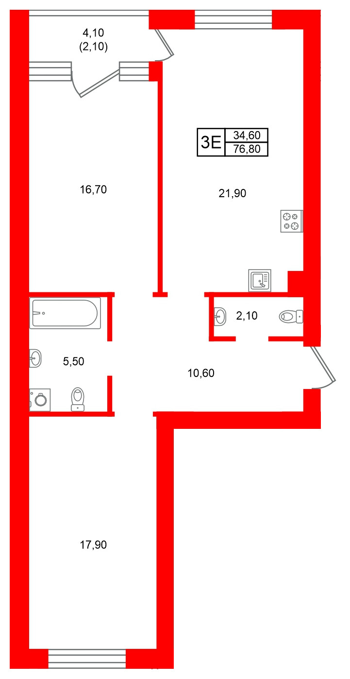 Квартира в ЖК Морена, 2 комнатная, 76.8 м², 1 этаж