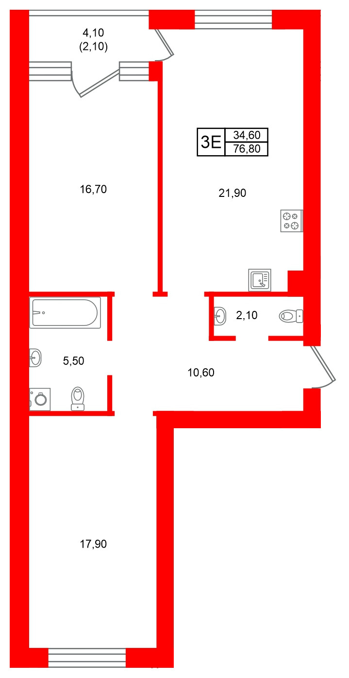 Квартира в ЖК Морена, 2 комнатная, 76.8 м², 2 этаж