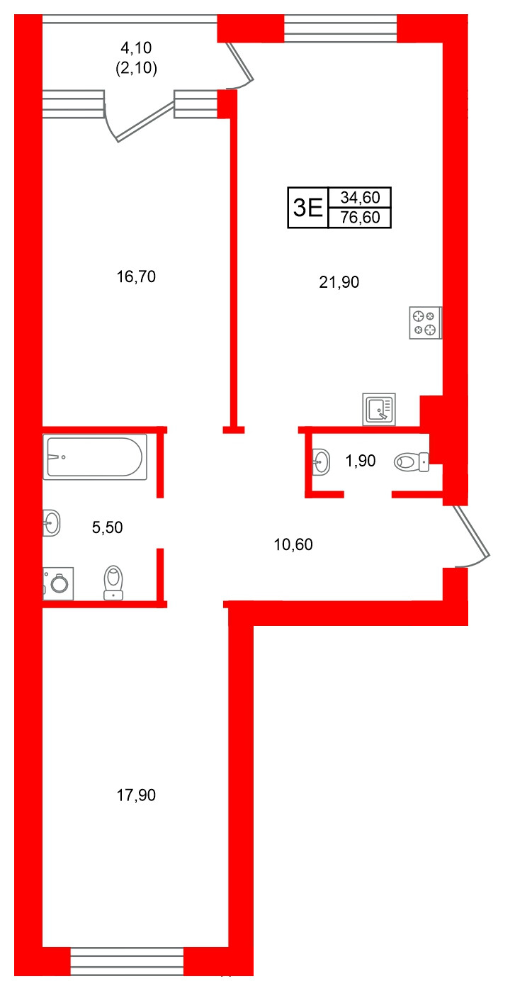 Квартира в ЖК Морена, 2 комнатная, 76.6 м², 5 этаж