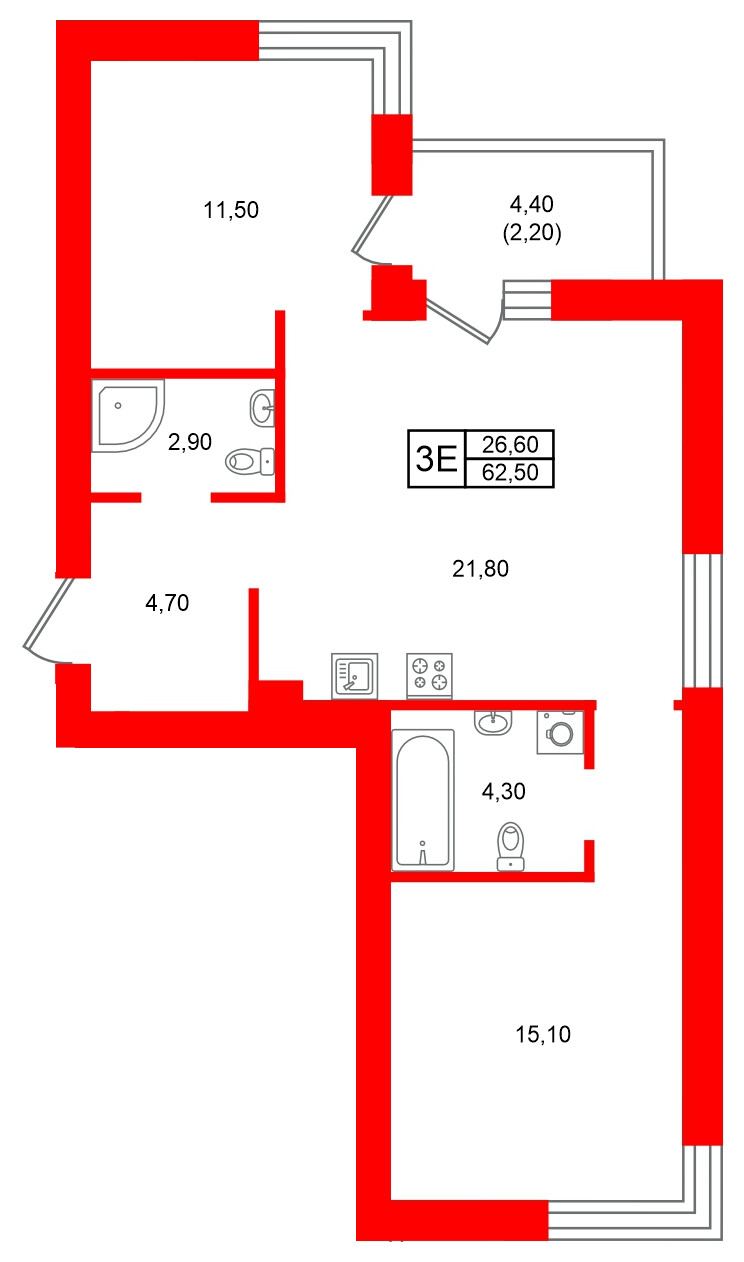 Квартира в ЖК Морена, 2 комнатная, 62.5 м², 5 этаж