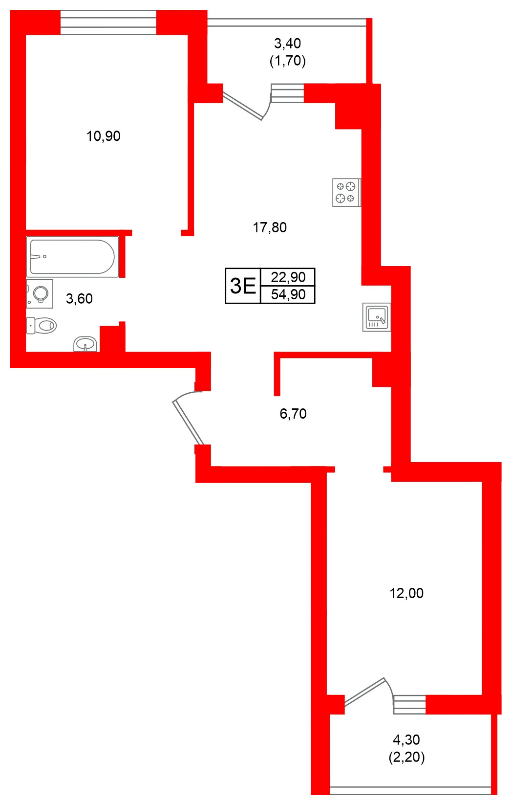 Квартира в ЖК Морена, 2 комнатная, 54.9 м², 4 этаж