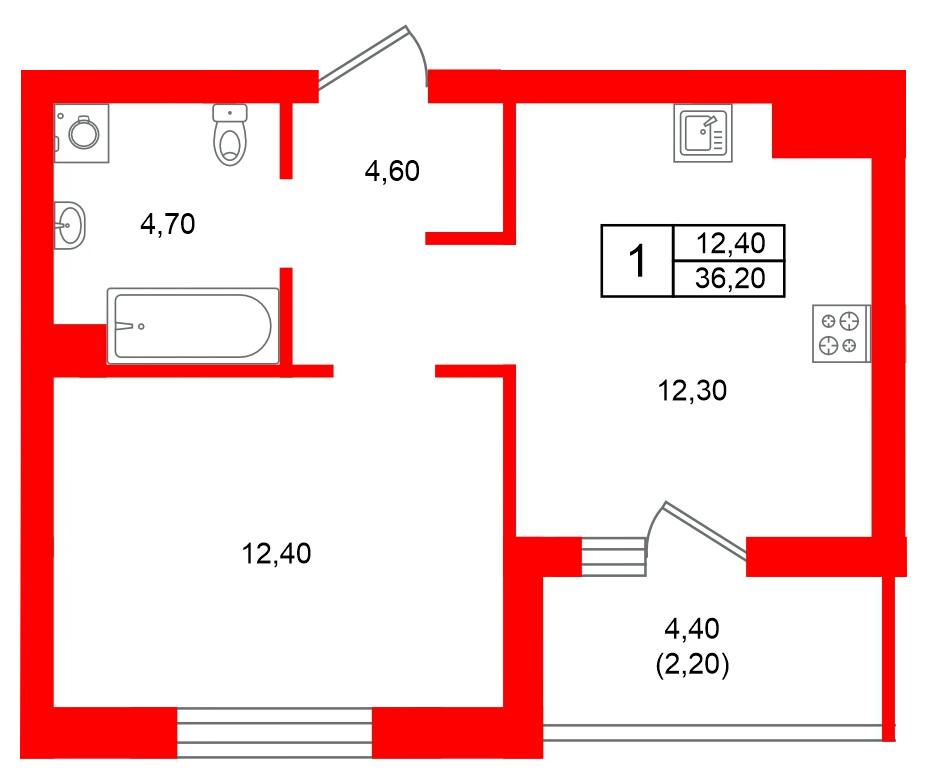 Квартира в ЖК Морена, 1 комнатная, 36.2 м², 3 этаж