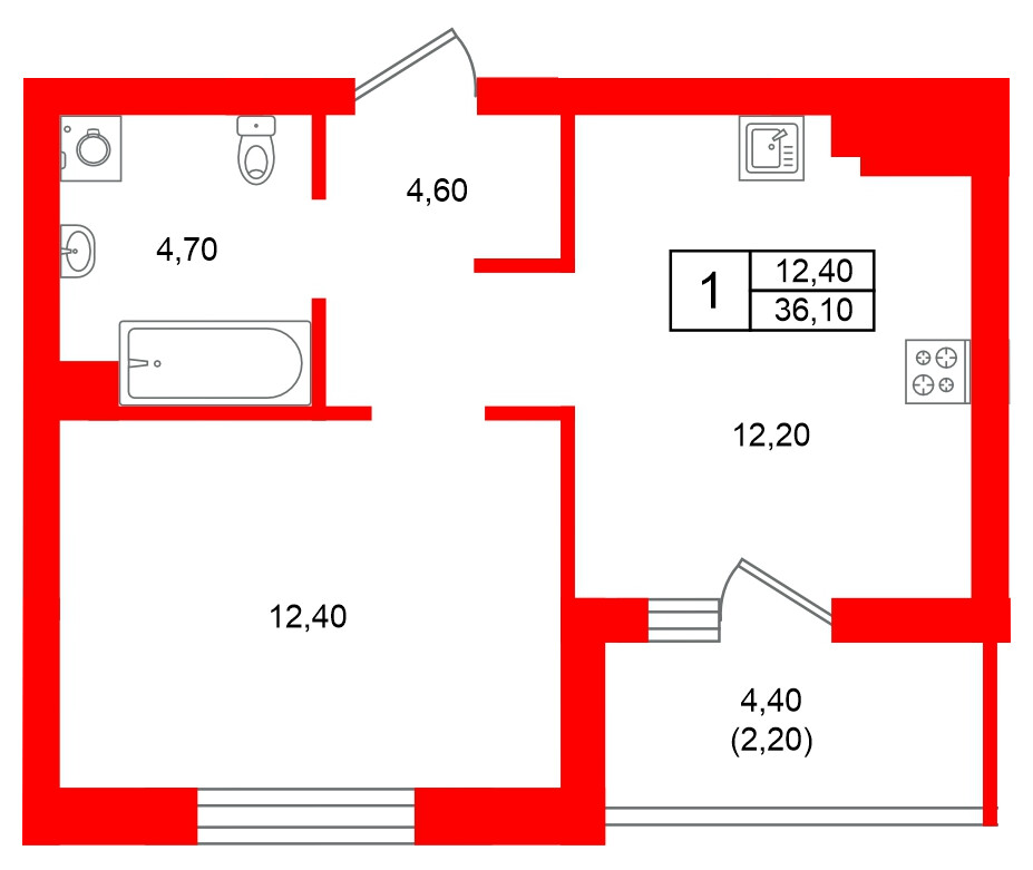 Квартира в ЖК Морена, 1 комнатная, 36.1 м², 5 этаж