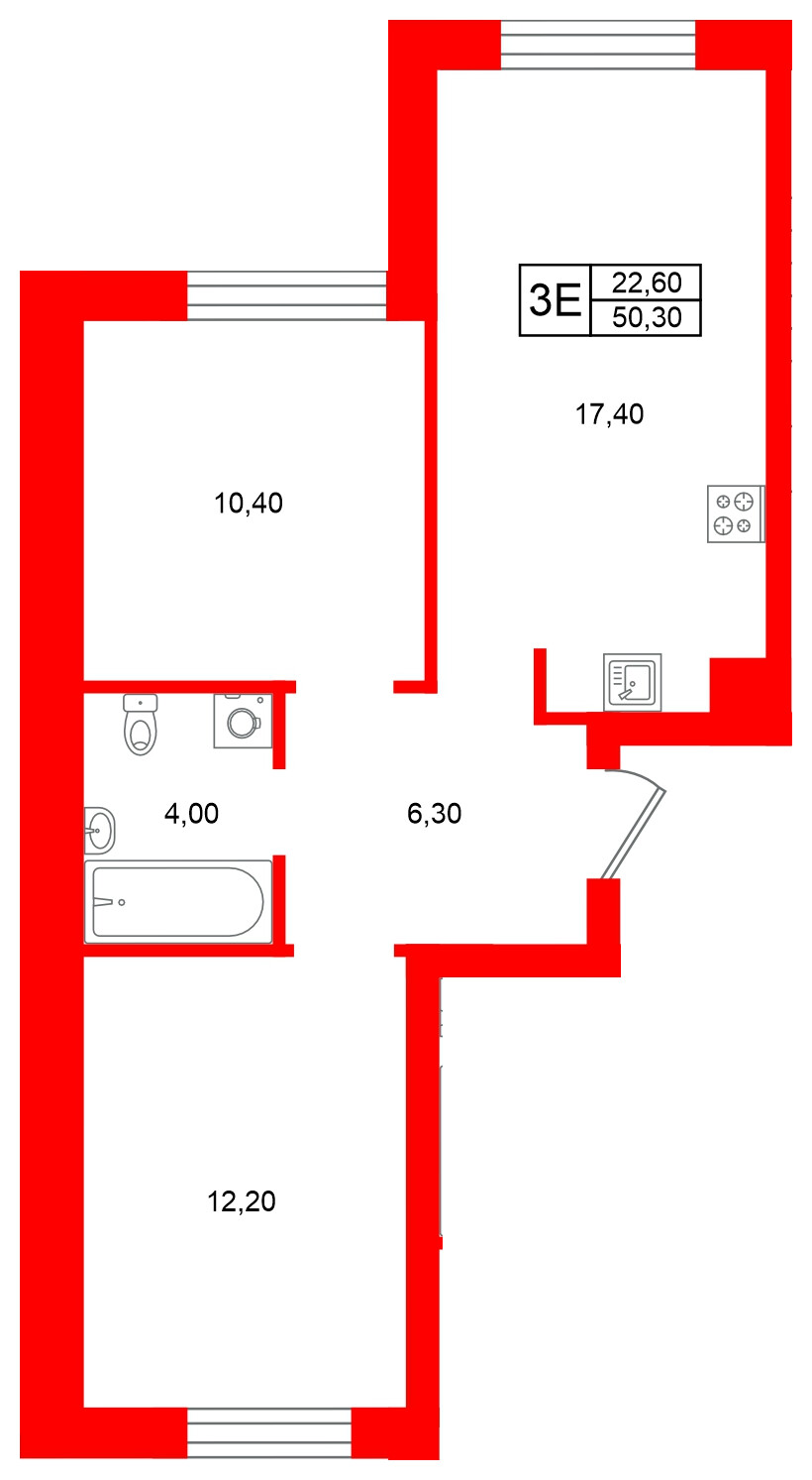 Квартира в ЖК Морена, 2 комнатная, 50.3 м², 1 этаж