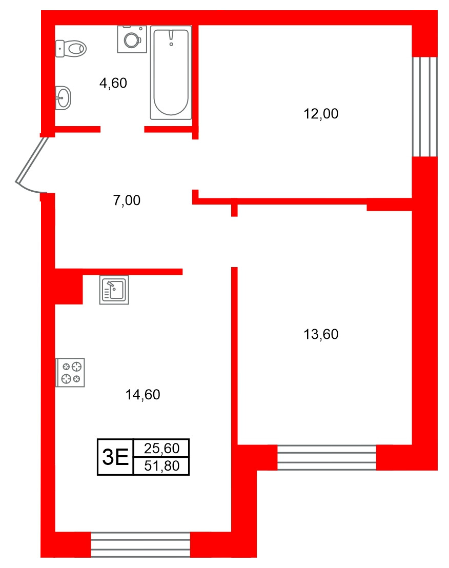 Квартира в ЖК Морена, 2 комнатная, 51.8 м², 1 этаж