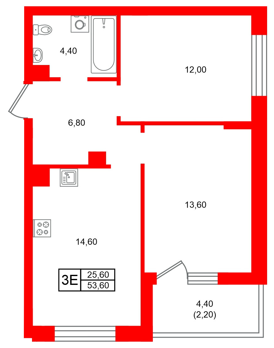 Квартира в ЖК Морена, 2 комнатная, 53.6 м², 2 этаж