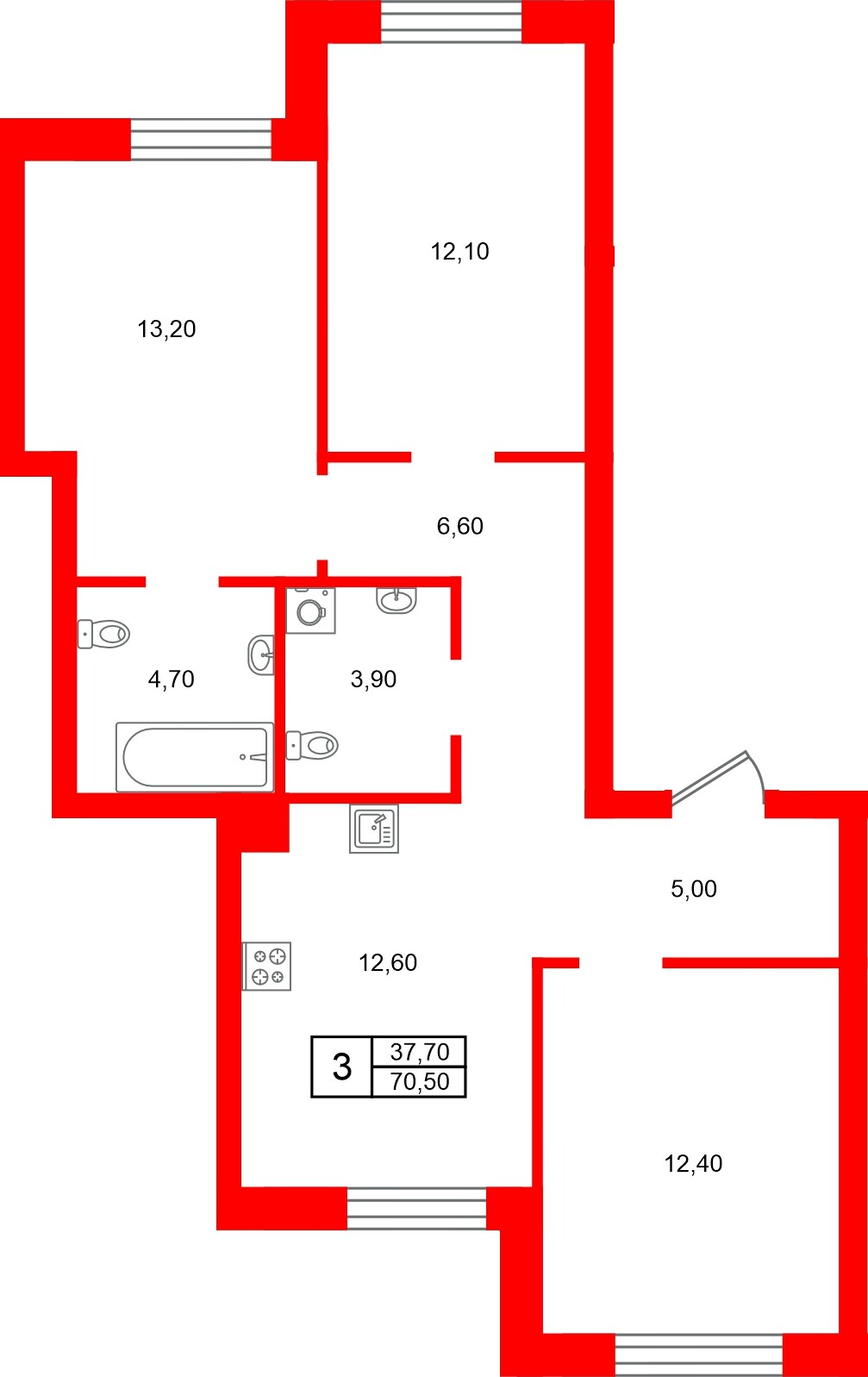 Квартира в ЖК Морена, 3 комнатная, 70.5 м², 1 этаж