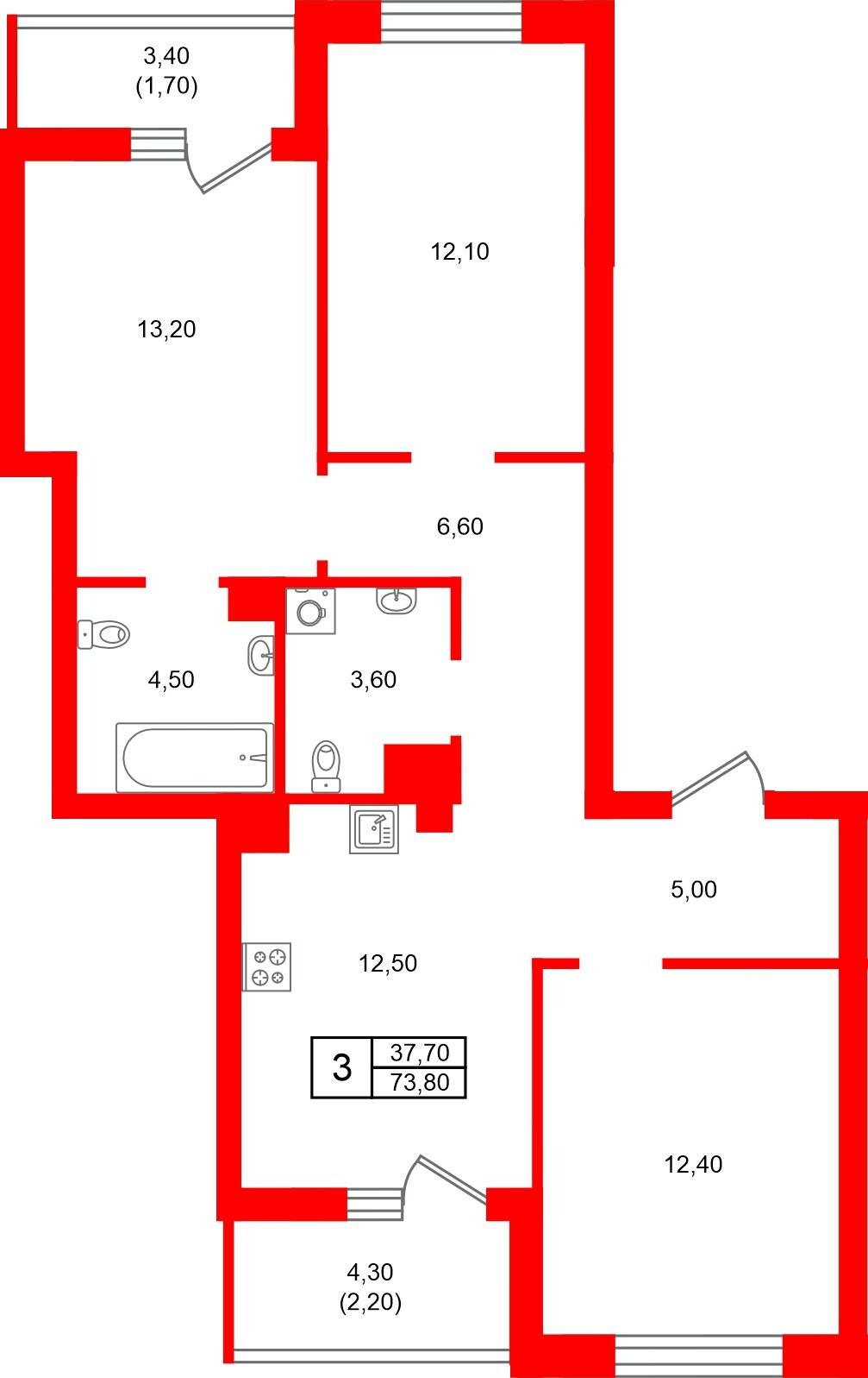 Квартира в ЖК Морена, 3 комнатная, 73.8 м², 5 этаж