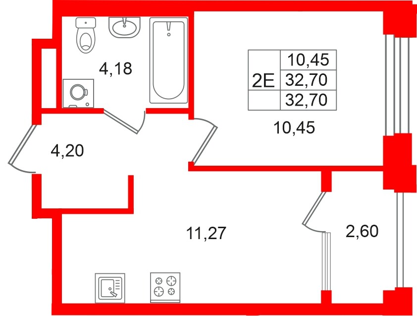Квартира в ЖК «Кольский», 1 комнатная, 32.7 м², 7 этаж