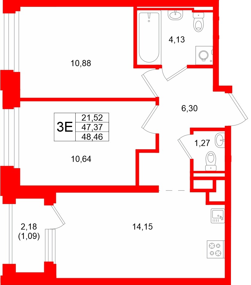 Квартира в ЖК «Кольский», 2 комнатная, 48.46 м², 3 этаж