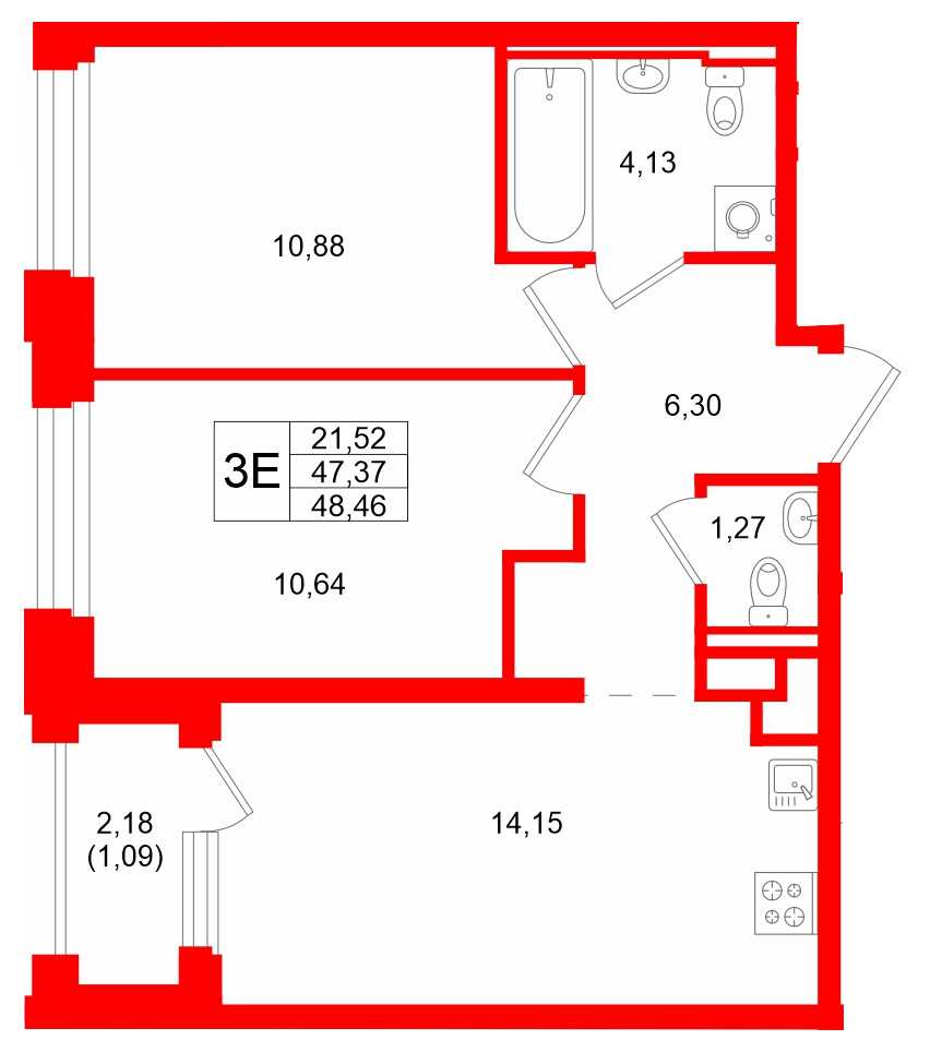 Квартира в ЖК «Кольский», 2 комнатная, 48.46 м², 7 этаж