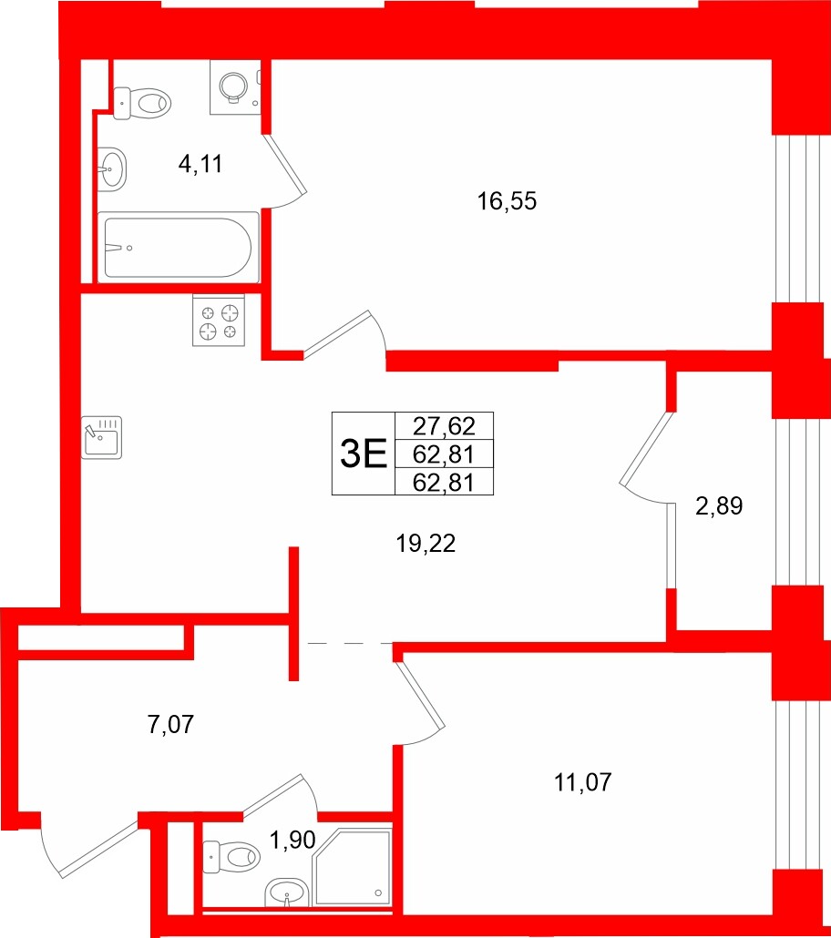 Квартира в ЖК «Кольский», 2 комнатная, 62.81 м², 3 этаж