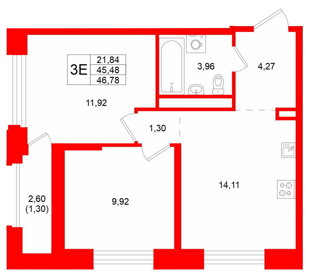 Квартира в ЖК GloraX Кольский, 2 комнатная, 46.78 м², 3 этаж
