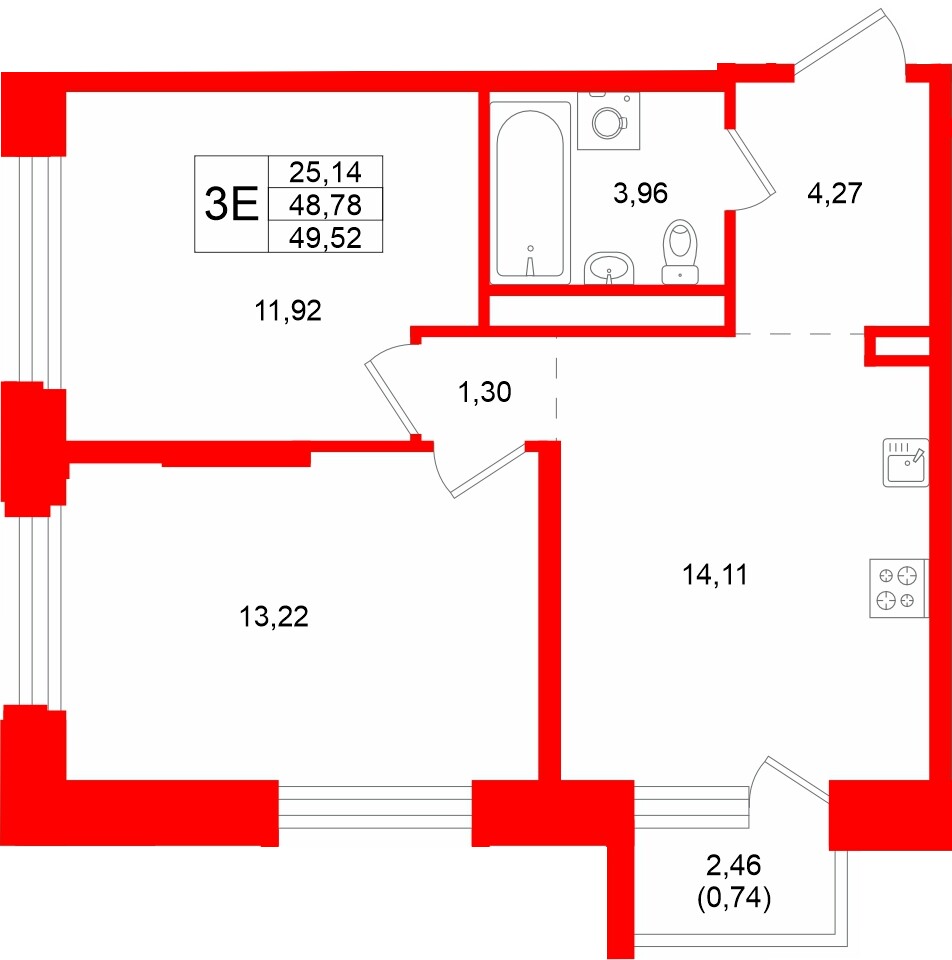 Квартира в ЖК «Кольский», 2 комнатная, 49.52 м², 9 этаж