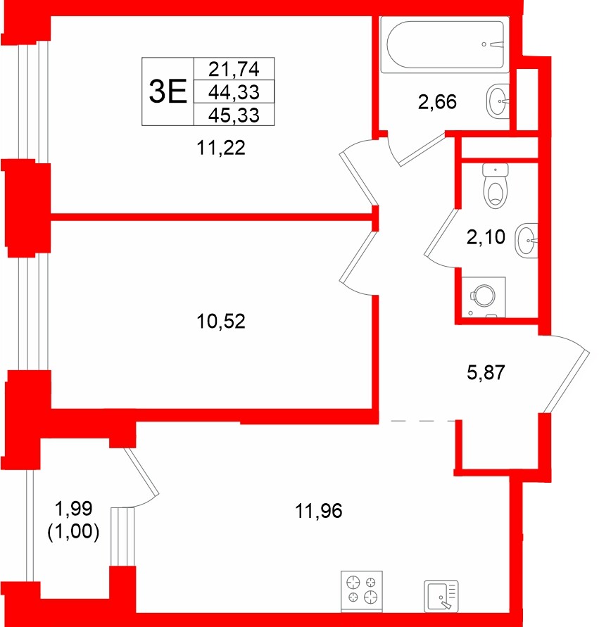 Квартира в ЖК «Кольский», 2 комнатная, 45.33 м², 3 этаж