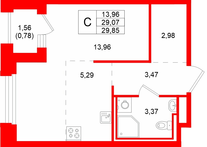 Квартира в ЖК «Кольский», студия, 29.85 м², 8 этаж