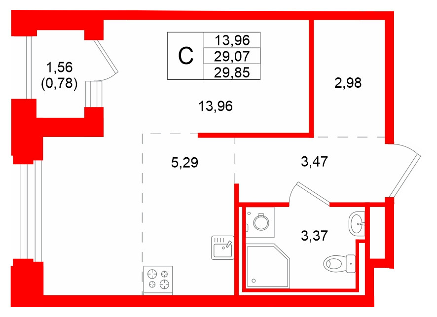 Квартира в ЖК GloraX Кольский, студия, 29.85 м², 14 этаж