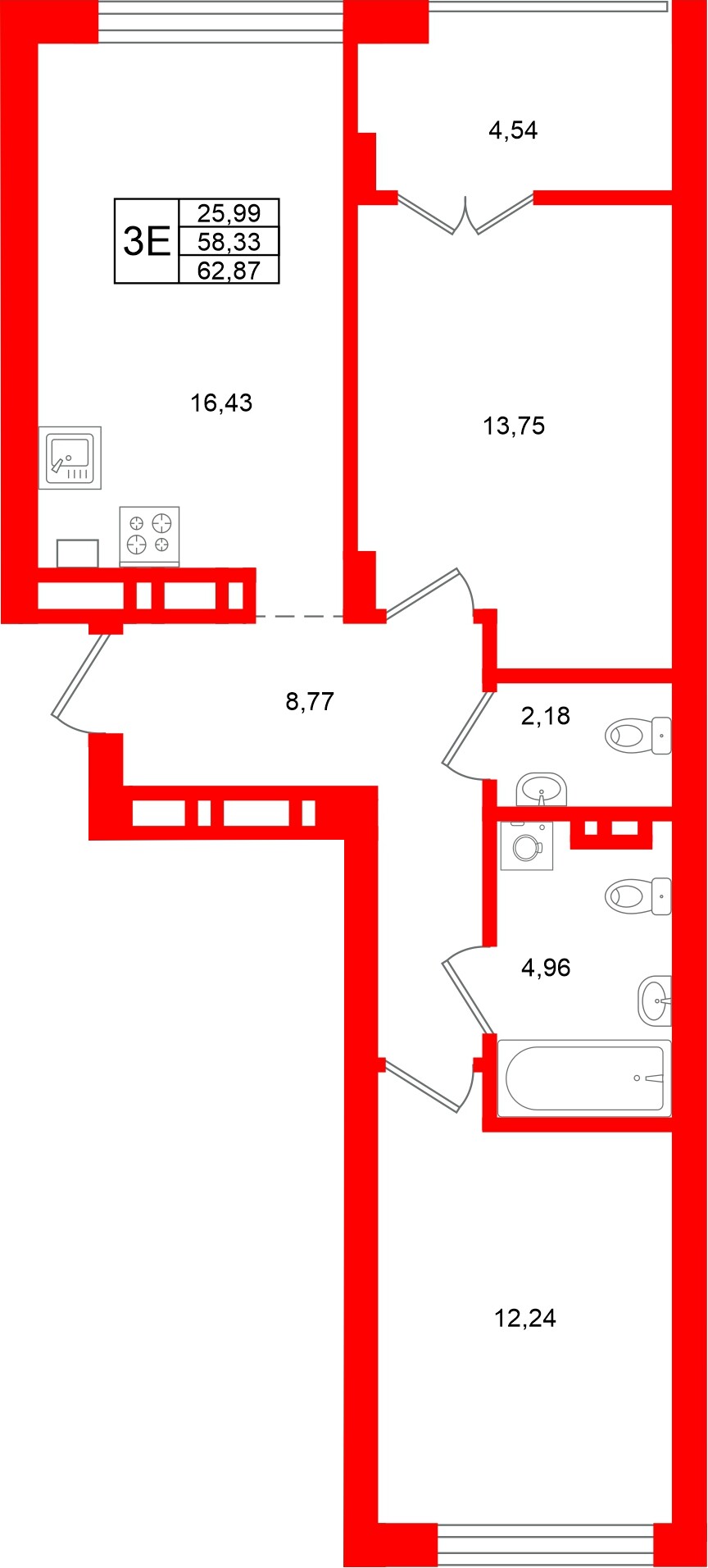 Квартира в ЖК «Включи», 2 комнатная, 62.87 м², 3 этаж