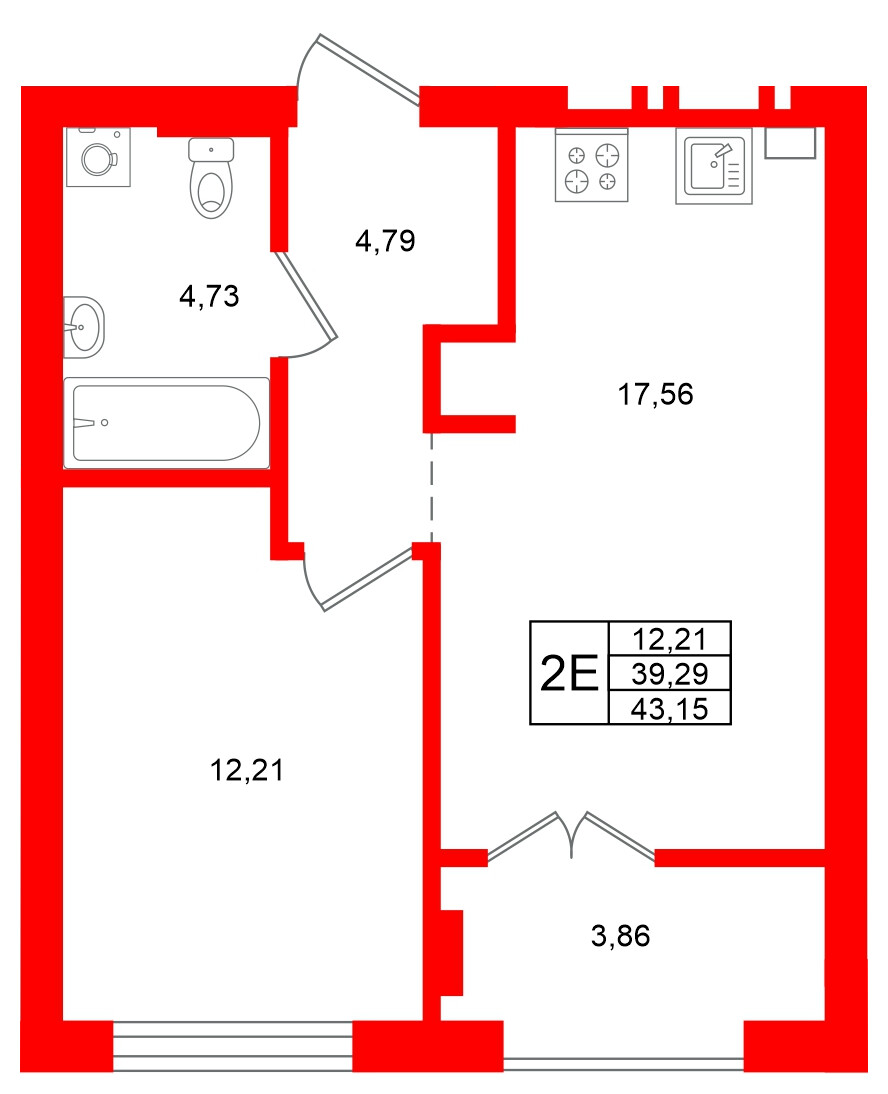 Квартира в ЖК «Включи», 1 комнатная, 43.15 м², 7 этаж