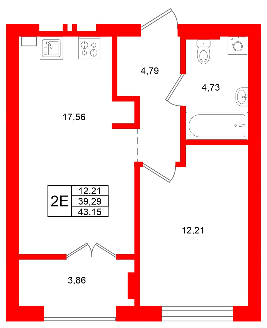 Квартира в ЖК «Включи», 1 комнатная, 43.15 м², 7 этаж