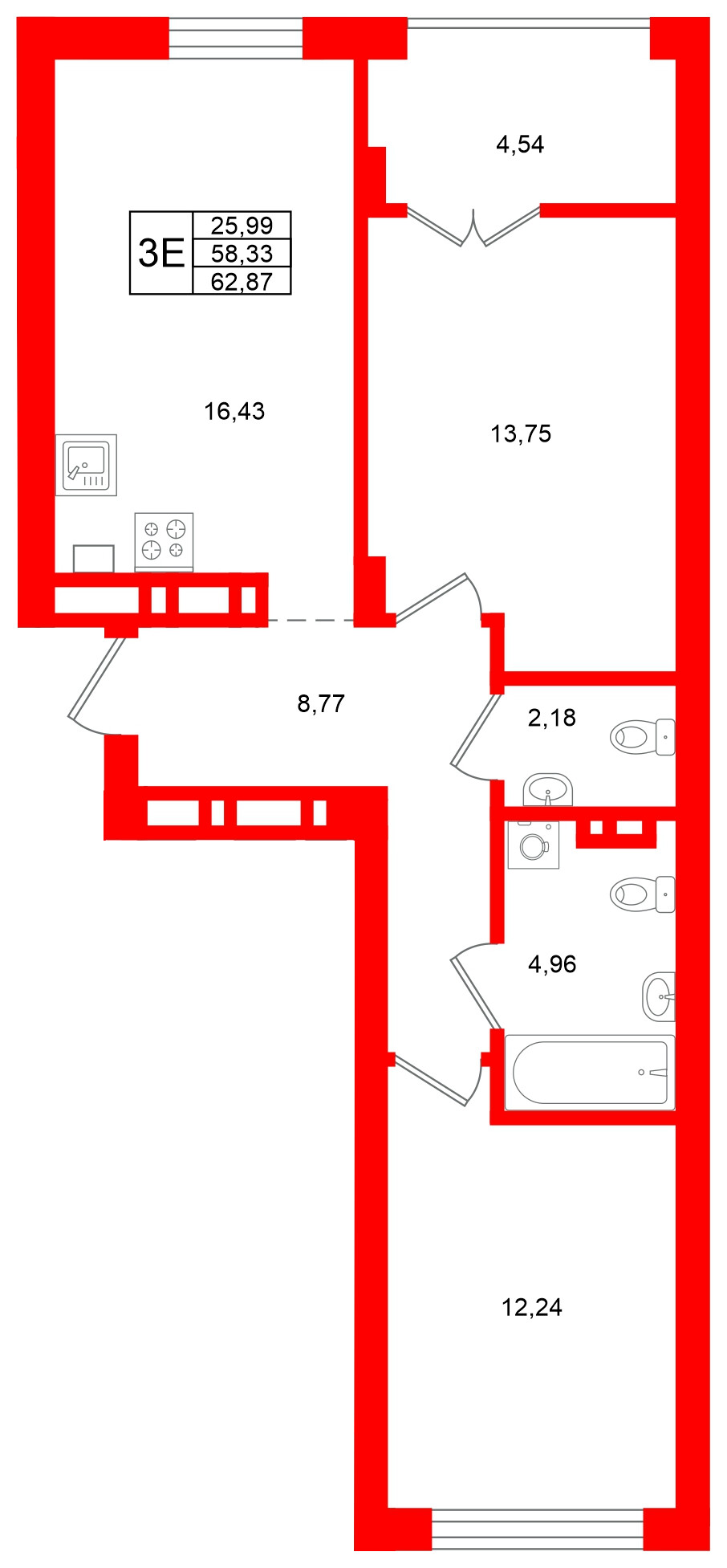 Квартира в ЖК «Включи», 2 комнатная, 62.87 м², 4 этаж