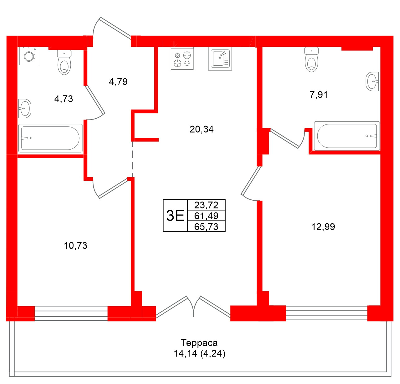 Квартира в ЖК «Включи», 2 комнатная, 65.73 м², 1 этаж