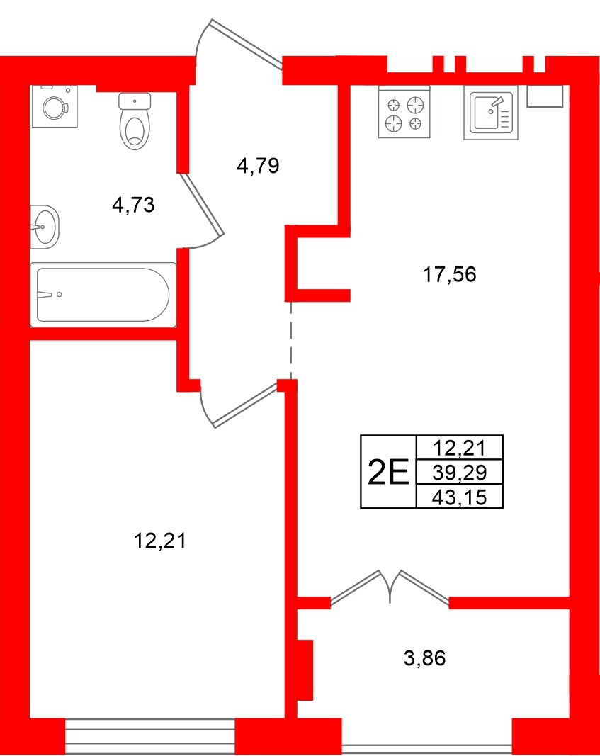Квартира в ЖК «Включи», 1 комнатная, 43.15 м², 2 этаж