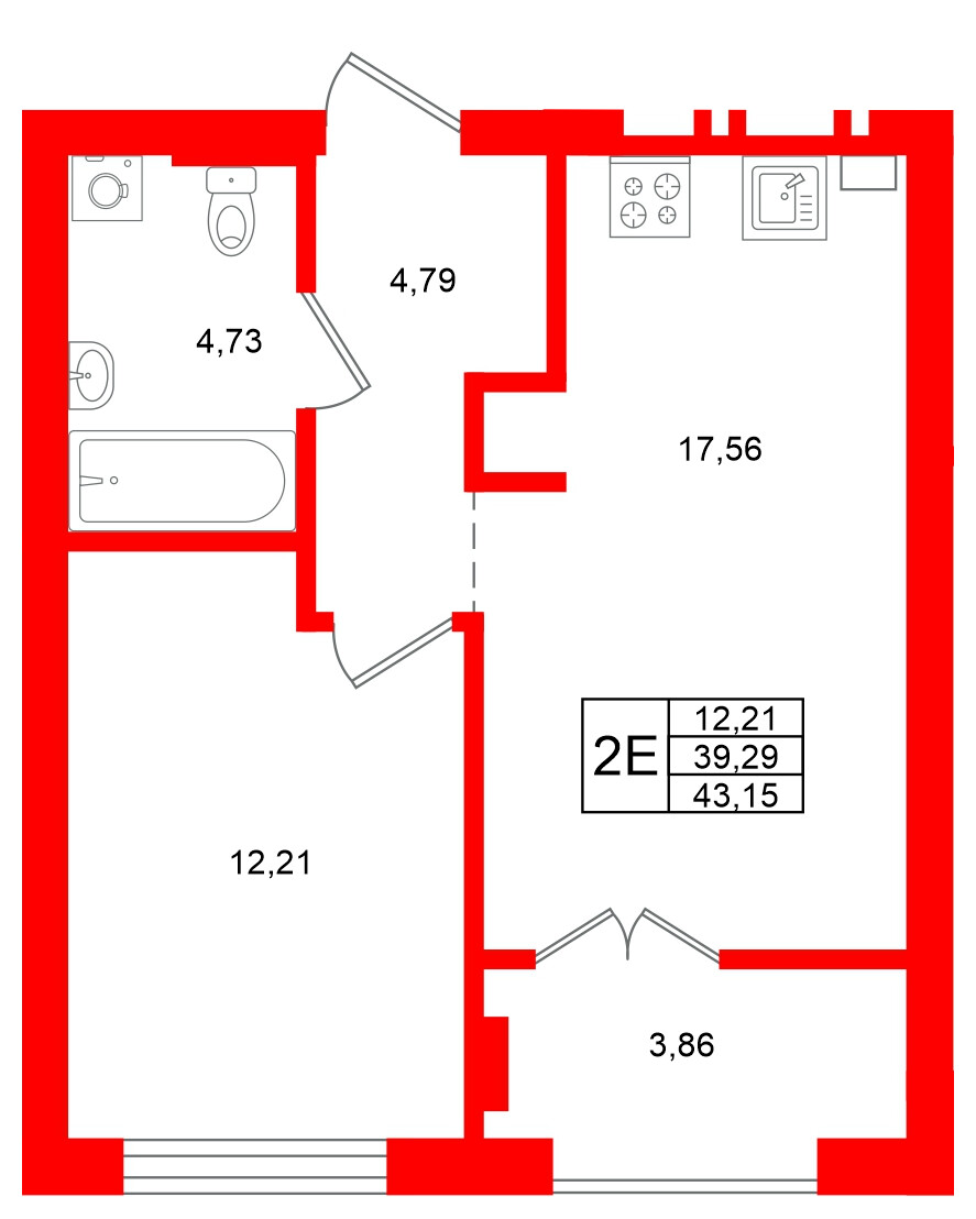 Квартира в ЖК «Включи», 1 комнатная, 43.15 м², 3 этаж