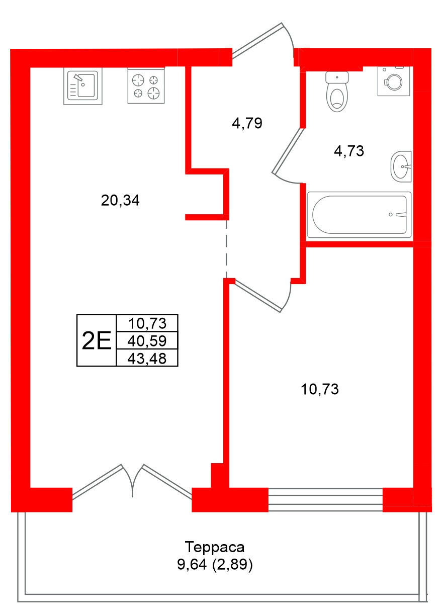 Квартира в ЖК «Включи», 1 комнатная, 43.48 м², 1 этаж