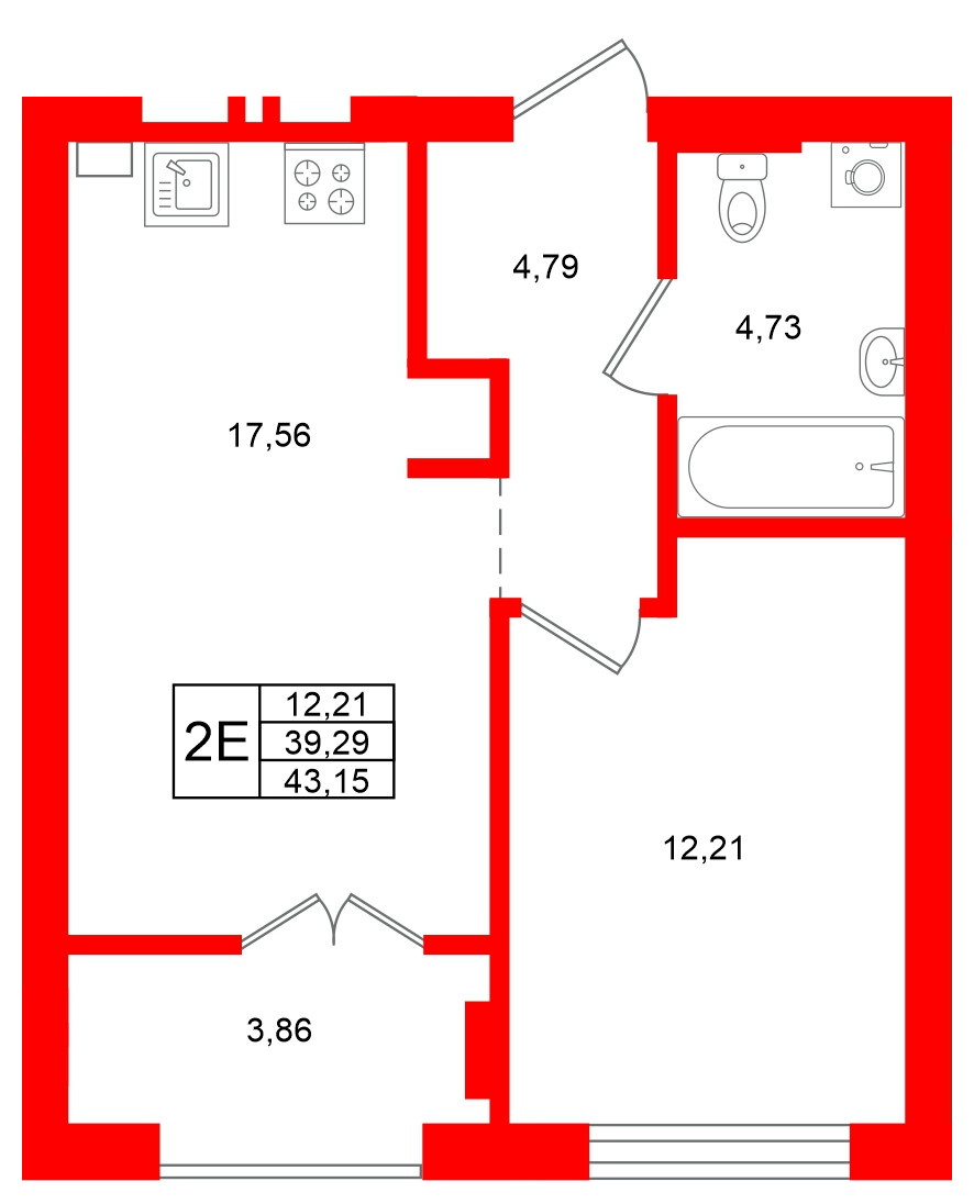 Квартира в ЖК «Включи», 1 комнатная, 43.15 м², 7 этаж