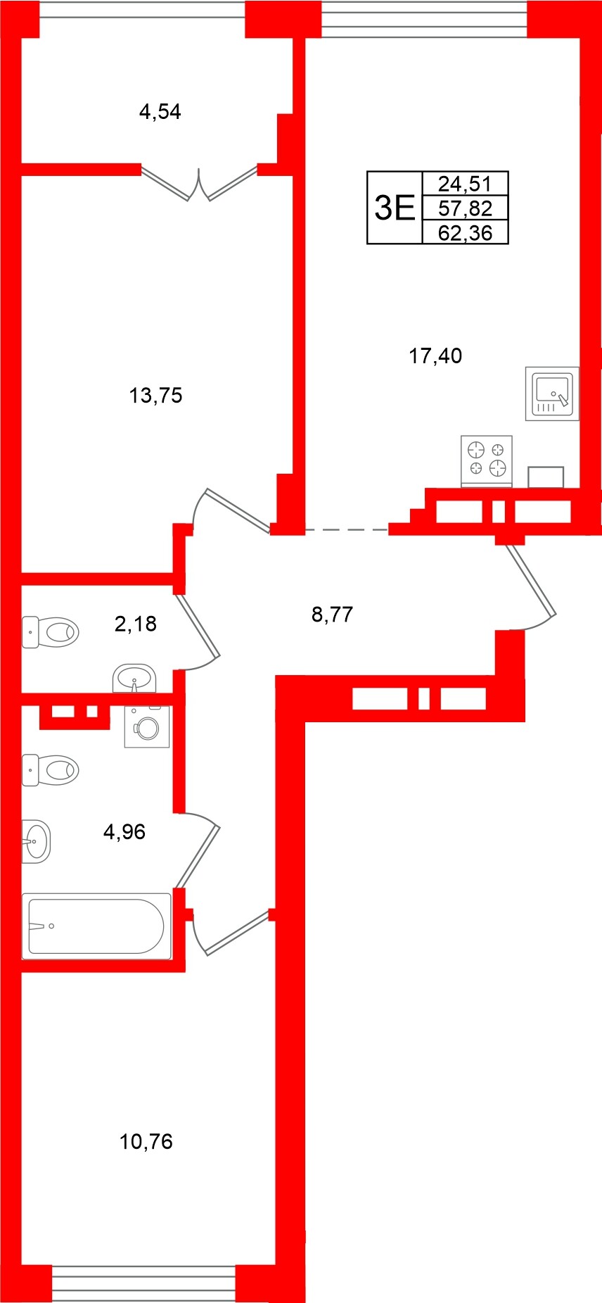Квартира в ЖК «Включи», 2 комнатная, 62.36 м², 2 этаж