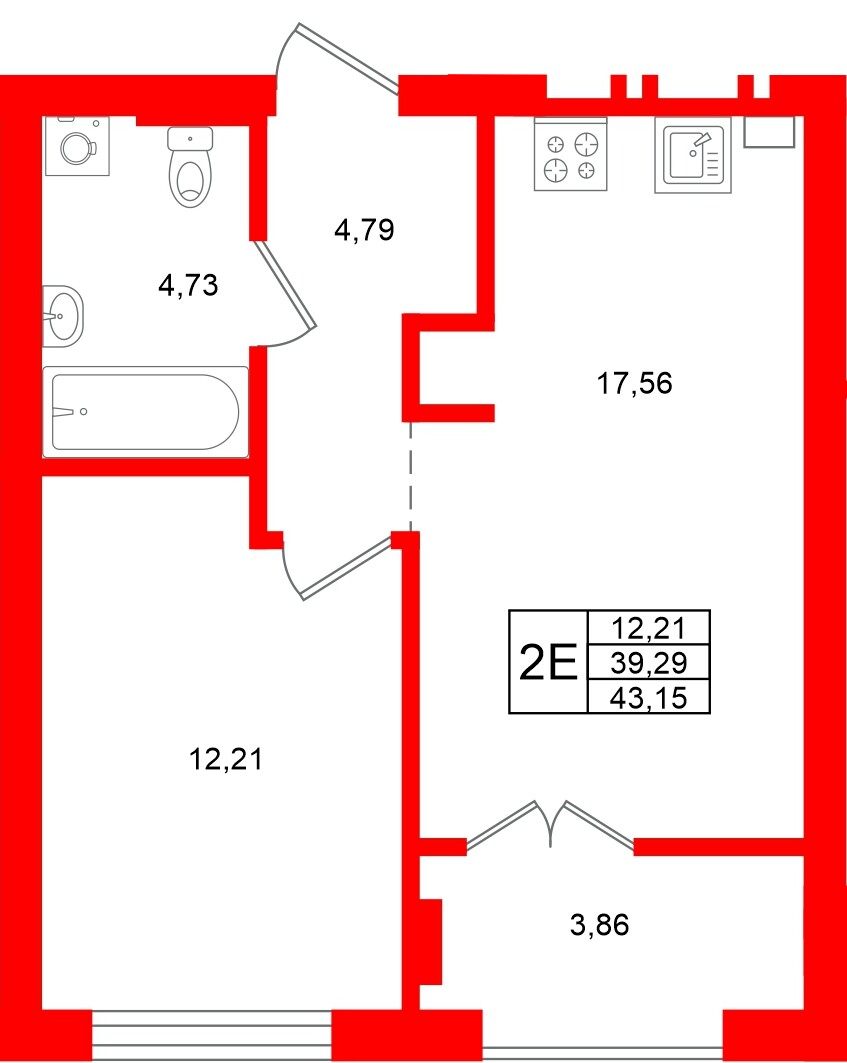 Квартира в ЖК «Включи», 1 комнатная, 43.15 м², 5 этаж