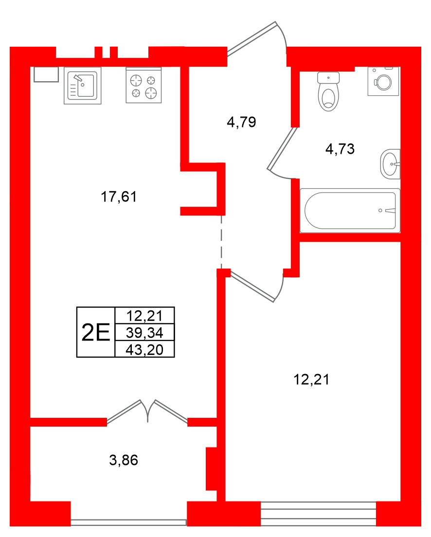 Квартира в ЖК «Включи», 1 комнатная, 43.2 м², 3 этаж