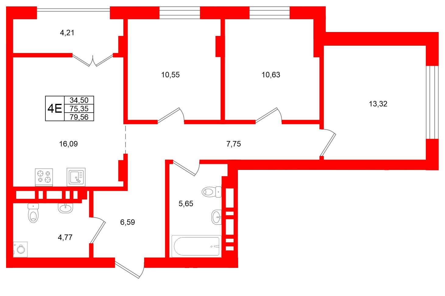 Квартира в ЖК «Включи», 3 комнатная, 79.56 м², 2 этаж