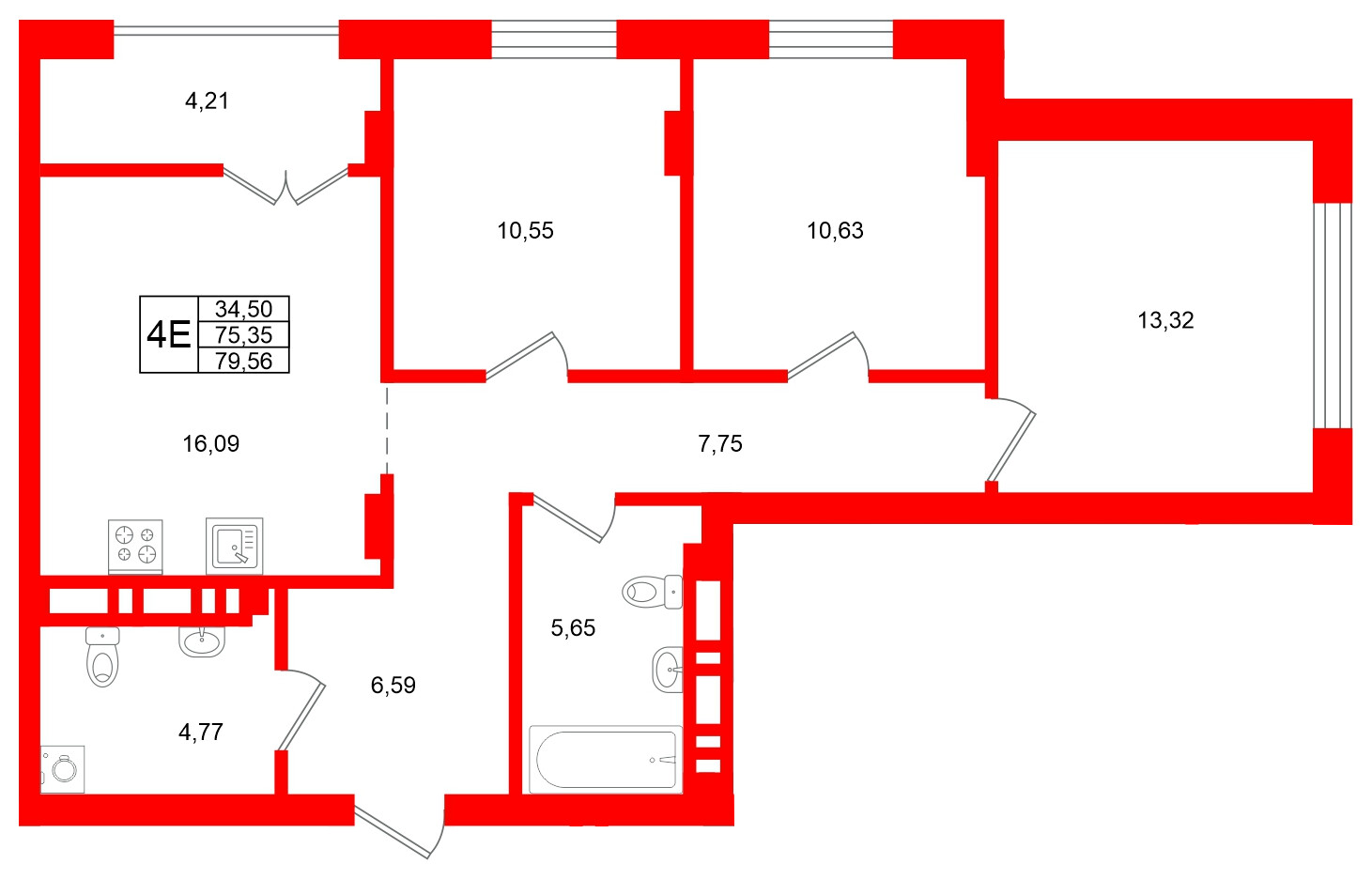 Квартира в ЖК «Включи», 3 комнатная, 79.56 м², 3 этаж